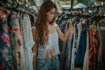 Young woman choosing dress hanging on clothes rack at flea market