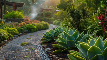 A sunlit tropical garden glistening with rainwater, featuring a gravel path winding through vibrant greenery and a variety of exotic plants, with mist rising in the warm morning air.