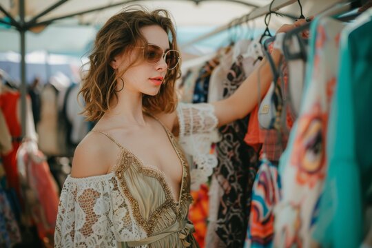 Young woman choosing dress hanging on clothes rack at flea market