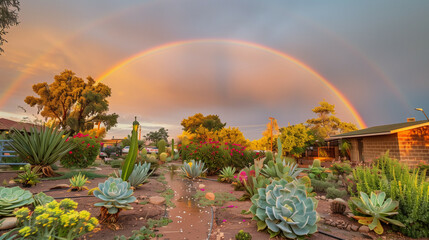 A vibrant desert garden with a full arc rainbow overhead, featuring a variety of cacti and succulents in the warm light of a setting sun.