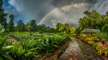 A sweeping view of a botanical garden under a rainbow following a rain shower, with a small greenhouse in the distance, and a lush collection of flora highlighted by the sun's rays.