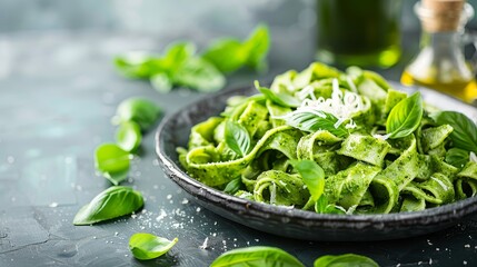 Pesto tagliatelle with parmesan on wooden table in modern restaurant, dinner menu concept