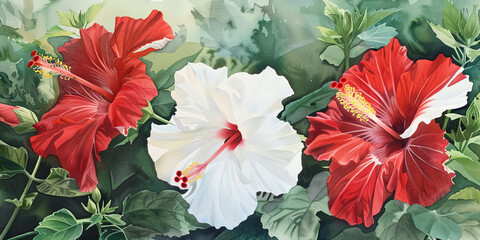 watercolor painting of red and white hibiscus flowers, generative AI