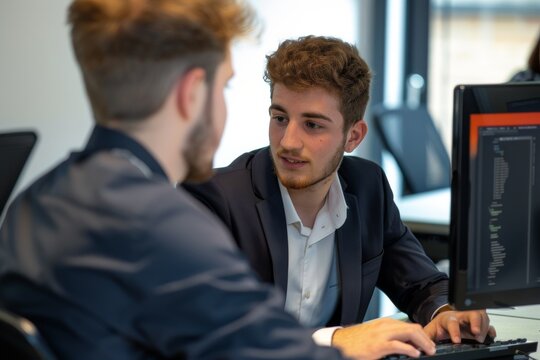 Young businessman discussing with colleague over desktop PC in office