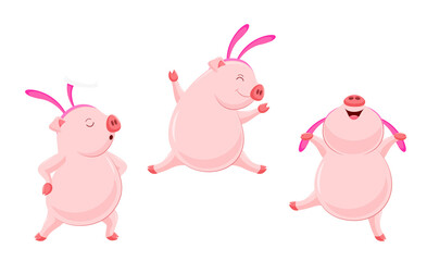 Set of funny cute cartoon pig dancing with rabbit ear. Easter holiday concept. Character design llustration
