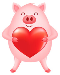 Funny cartoon pig characters hold red heart. Happy Valentine's day. Happiness pig standing illustration.