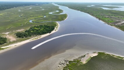 Vast aerial landscape of salt water marsh protected wetlands off the coast of South Carolina...