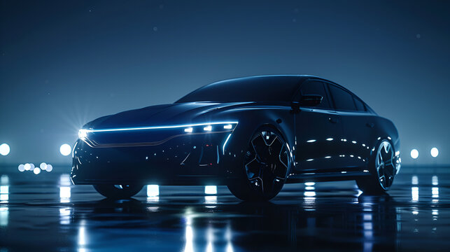 New black metallic sedan car in spotlight. generative ai
