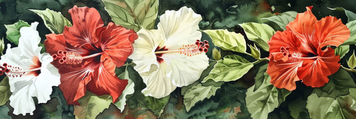 watercolor painting of red and white hibiscus flowers, generative AI