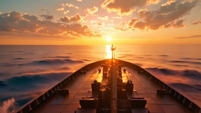 cargo ship in the ocean at sunset. 4k video animation