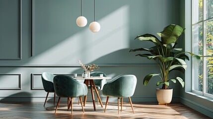 modern living room home interior design mint colored chairs with a round wooden dining table 