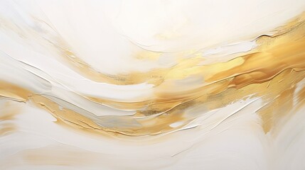 An abstract painting with an impasto palette of gold paint radiating luminosity and depth. White canvas with shiny gold paint in an expression of artistic freedom.