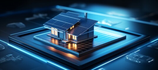 Futuristic smart home 3d model with solar panels for renewable energy concept on blurred background
