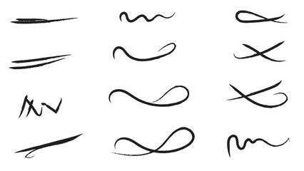 Hand drawn charcoal pencil lines, smears and squiggles set. Scribble black strokes, curly scribbles. underlines strikethroughs brushes, textured doodle freehand chalk drawing line stripes and waves.