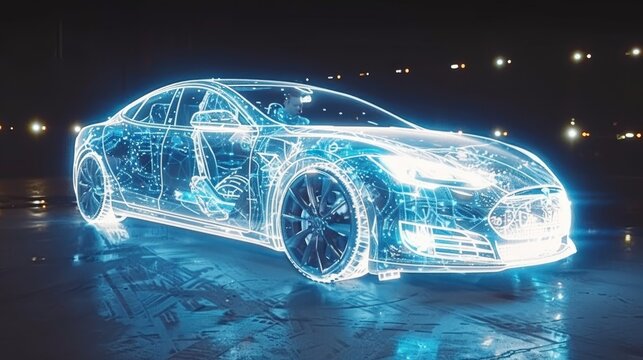 Automotive engineer designing smart ev car using ai system production on holographic display