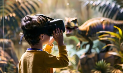 A child is immersed in a prehistoric world, exploring a virtual reality filled with lifelike...