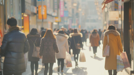 A blurred background of people walking with shopping bags depicting the massive crowds in physical stores on Singles Day.