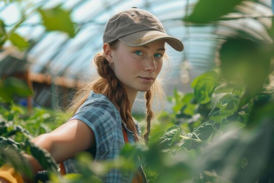Young woman working in greenhouse on a farm
