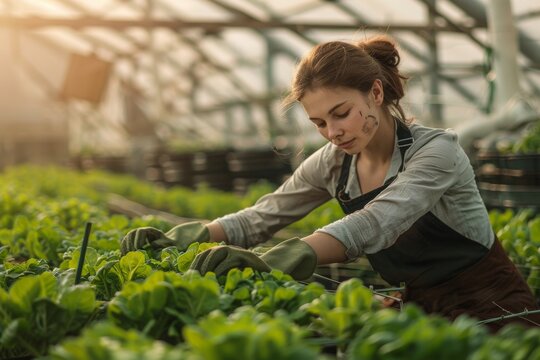 Young woman working in greenhouse on a farm