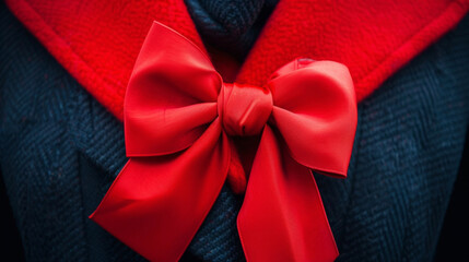 A vibrant red bow sits atop a tailored pantsuit adding a touch of femininity amidst the chaos of the city.