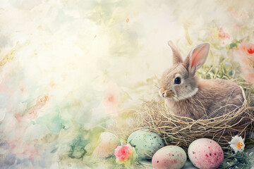 Easter tale: rabbit and eggs in a basket