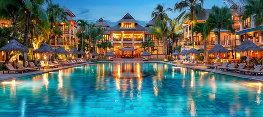 Fototapeta na wymiar Nighttime view of a luxurious tropical resort pool surrounded by palm trees and beautiful lights