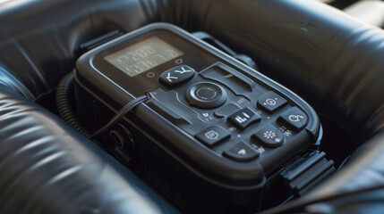 An upclose view of a rechargeable air pump featuring a digital display and various attachments for quick and precise inflation of your air mattress.