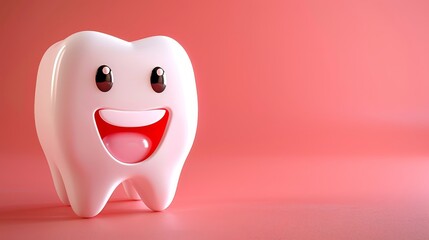 Adorable 3d cartoon tooth character on pastel color background with space for text placement