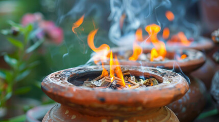 Aromatic oils and incense sticks burning in a clay pot representing the use of natural elements in Ayurvedic rituals for balance and purification.