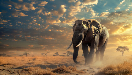 An elephant walks across the savanna under a sunset sky dotted with clouds