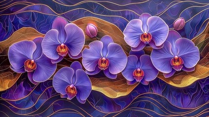 Purple orchids illustration on a textured background of deep blue with gold