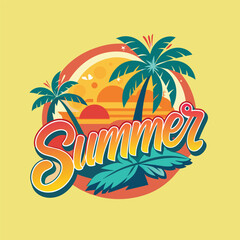 Fototapeta na wymiar Summer design template with palm tree and lettering. Vector illustration.