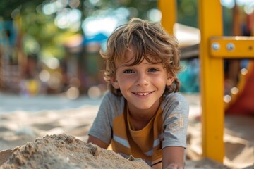 Smiling boy playing with sand on playground on sunny day