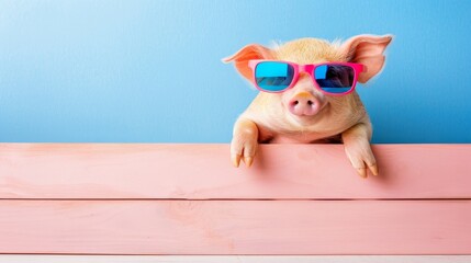 Cute and funny pig wearing sunglasses with copy space on pastel color background