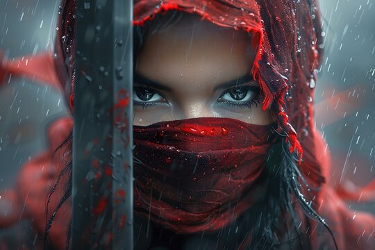 digital art of enchanting mysterious female ninja wielding a soul sword, simple background, focus on the sword and eyes. generative AI