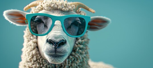 Funny sheep wearing sunglasses isolated on pastel color background with copy space for text