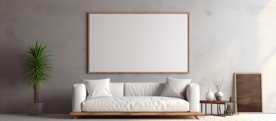 The image shows a modern living room featuring a white couch and a plant. The room is stylishly decorated, with a minimalist design aesthetic.