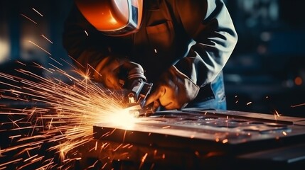 Professional welder working on medium sized pipe with blue light in close up view - obrazy, fototapety, plakaty