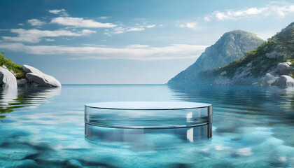 glass podium for cosmetic product display, evoking sophistication and clarity in presentation