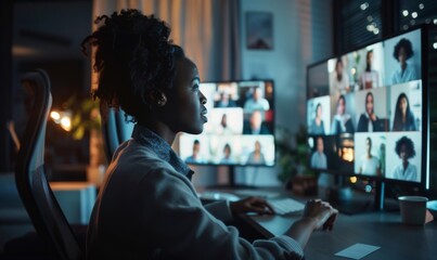 A professional watching a multi-screen video call with diverse colleagues, highlighting remote collaboration in a modern workplace. video conference