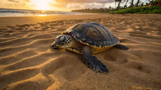turtle on the sand with a beach behind 