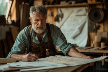 mature male carpenter looking at blueprints or plans in workshop