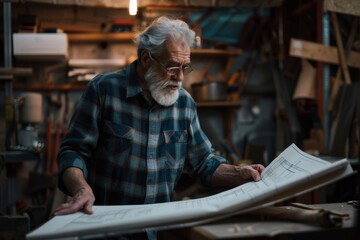 Fototapeta na wymiar mature male carpenter looking at blueprints or plans in workshop