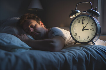 Man sleeping on the bed alarm clock in the morning. Tired guy office worker ignoring alarm clock ringing and wake up late. - obrazy, fototapety, plakaty