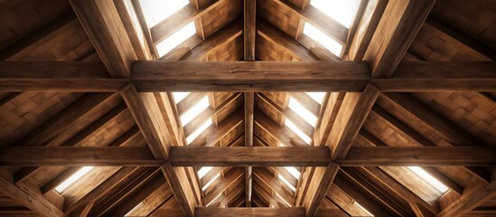 The image shows a building ceiling constructed with wooden beams, creating a structured and sturdy look. The beams run across the ceiling, adding a rustic and natural element to the interior.