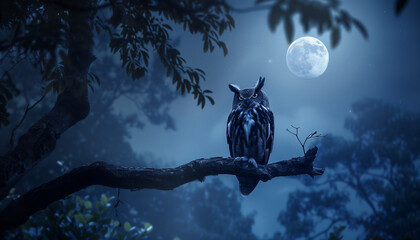 An owl sits on a branch against the backdrop of a full moon at night