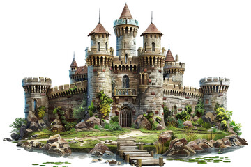 A castle with a moat and a drawbridge isolated on transparent background, png file - obrazy, fototapety, plakaty