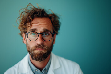 a scientist wearing lab - coat on blue-green background, close up shot - obrazy, fototapety, plakaty