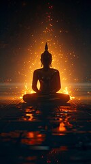 silhouette of Buddha sitting meditating, black background, generative ai
