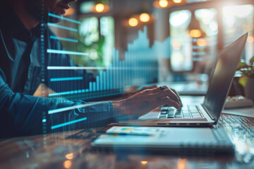 Project manager working on laptop and updating tasks and milestones progress planning with Gantt chart scheduling interface for company on virtual screen